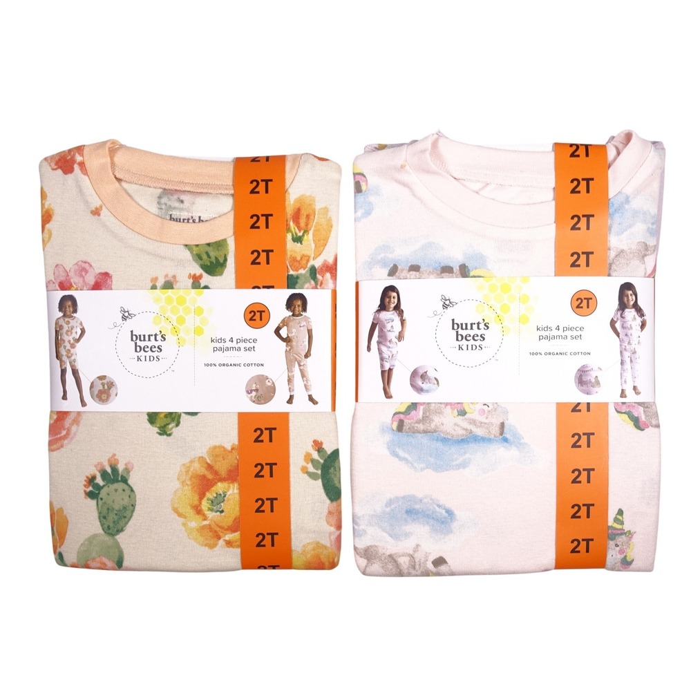 Burt's Bees Kids 2T Organic Cotton 8 Piece Pajama Set Floral Cactus Tea Party